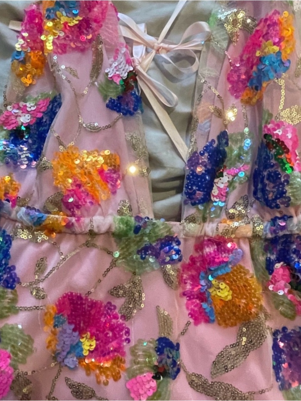 Floral Sequin Tiered Mini Dress - Pink Multicolor - Picture 2 of 4